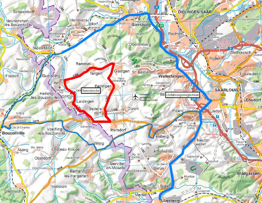 Karte der großräumigen Umfahrung rund um die Rennstrecke, mit den Ersatzrouten für den Renntag